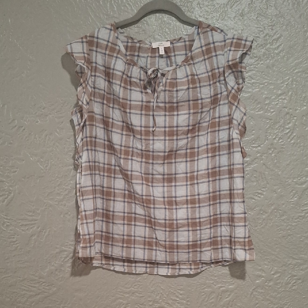 Como Vintage Brown Plaid Ruffle Sleeve Blouse Size L